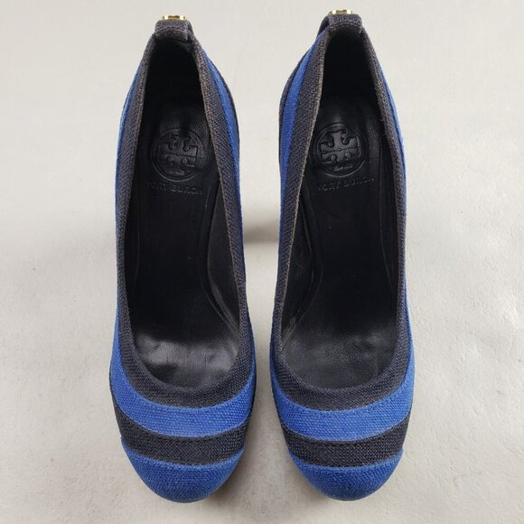 Tory Burch Joelle Wooden Heel Womens 6.5 Blue Fabric Slip On Platform Chunky - Picture 3 of 12